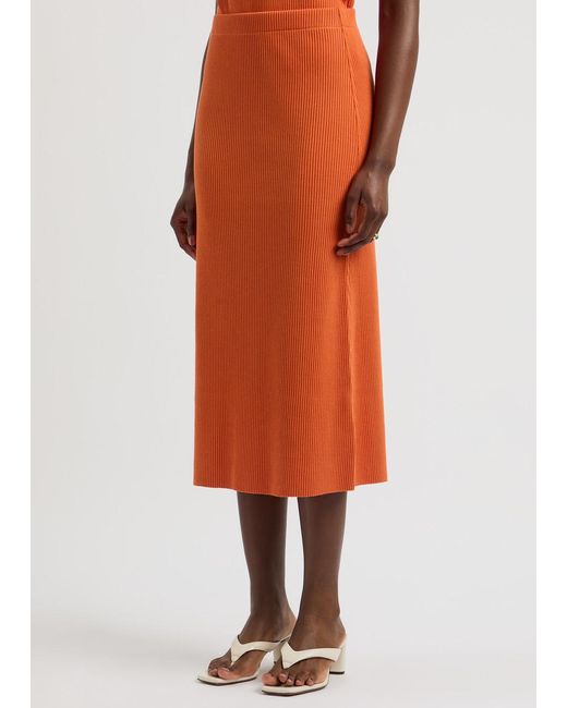 Vince Orange Ribbed Cotton-Blend Midi Skirt