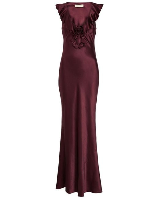 De La Vali Purple Nema Ruffle-Trimmed Silk Blend Maxi Dress