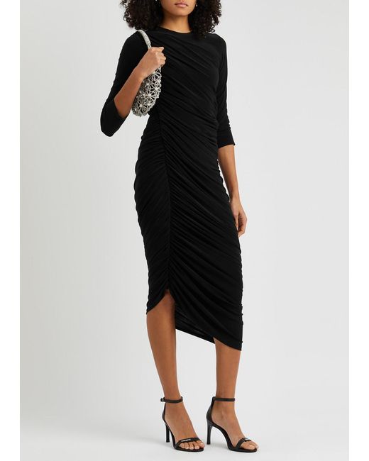 Norma Kamali Black Diana Asymmetric Ruched Jersey Midi Dress