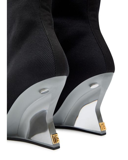 Balmain Black 95 Ribbed Stretch-Knit Wedge Ankle Boots