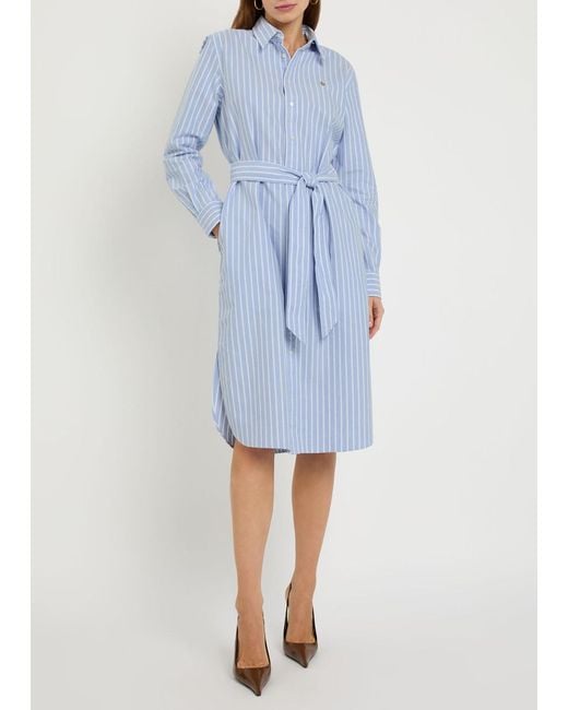 Polo Ralph Lauren Blue Striped Belted Cotton Midi Shirt Dress