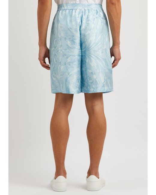 Versace Blue Barocco Printed Silk-satin Shorts for men