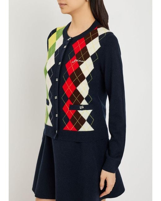Ganni Blue Argyle Wool And Cashmere-Blend Cardigan