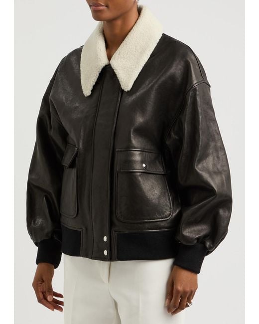 Khaite Black Shellar Shearling-Trimmed Leather Bomber Jacket