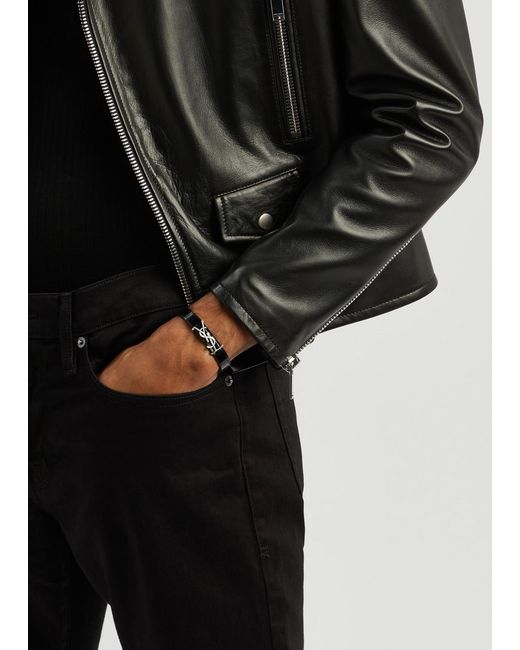 Saint Laurent Black Logo Crocodile-effect Leather Bracelet for men