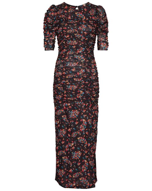 Free People Briella Printed Ruched Tulle Midi Dress in Black (Purple) | Lyst