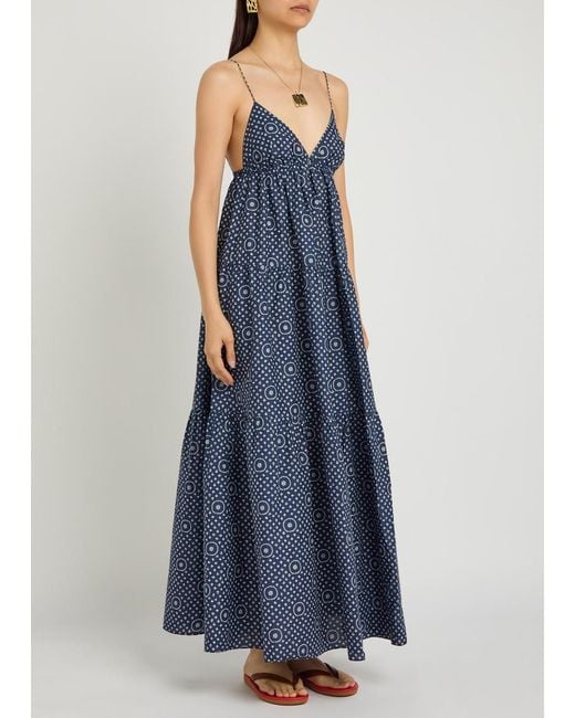 Matteau Blue Printed Tiered Cotton-Poplin Midi Sundress