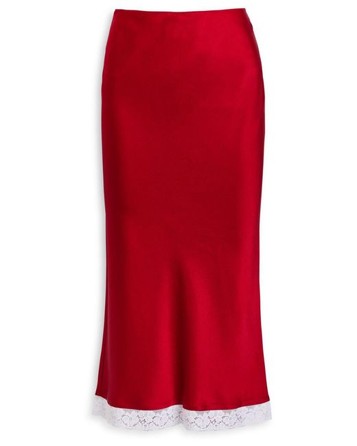 Victoria Beckham Red Lace Trim Satin Midi Slip Skirt