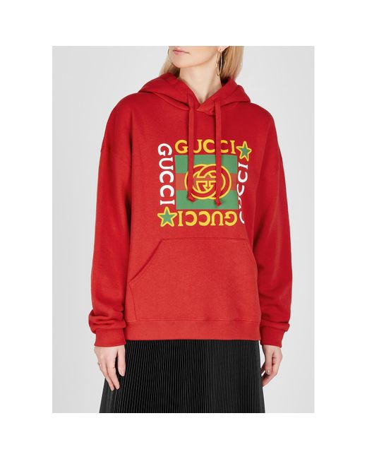 Gucci Red Logo-Print Hooded Cotton Sweatshirt
