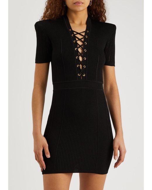 Balmain Black Lace-up Ribbed-knit Mini Dress