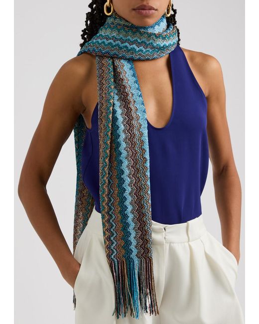 Missoni Silk Scarf With Iconic Zig Zag Pattern- Blue/Green