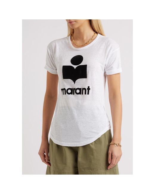 Isabel Marant White Koldi Logo-Flocked Linen T-Shirt