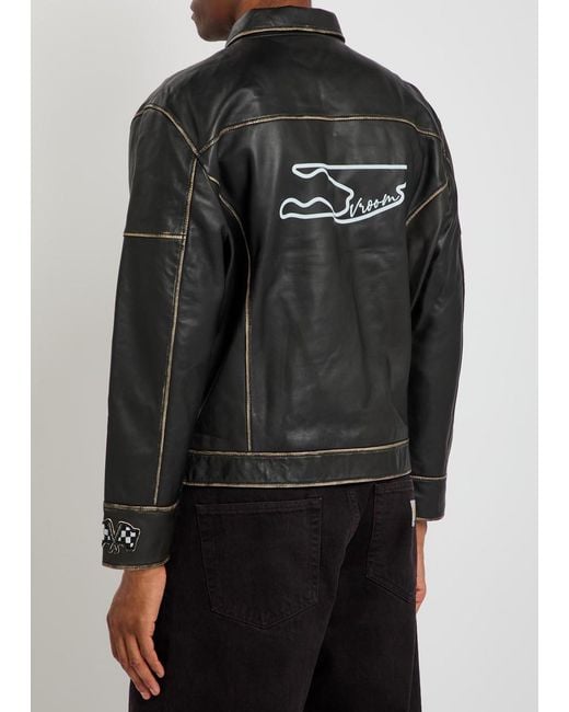 AN-Y1 Black Track Embroidered Leather Biker Jacket for men
