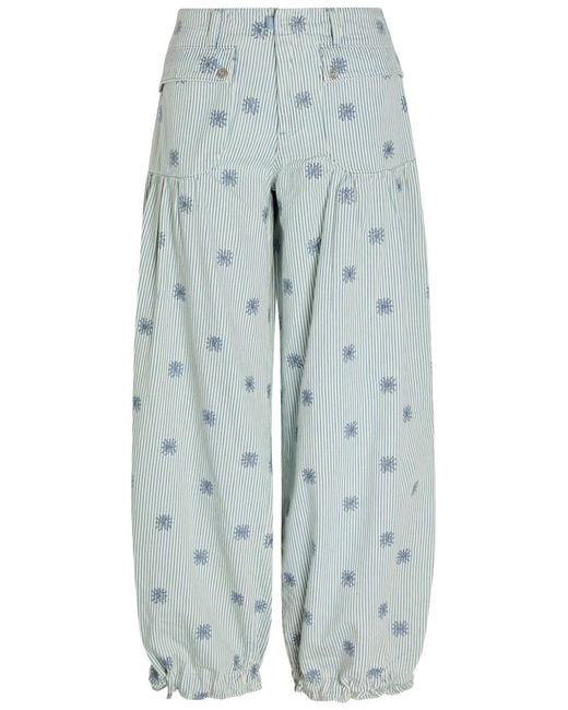 Free People Blue Lotus Striped Embroidered Balloon-Leg Jeans