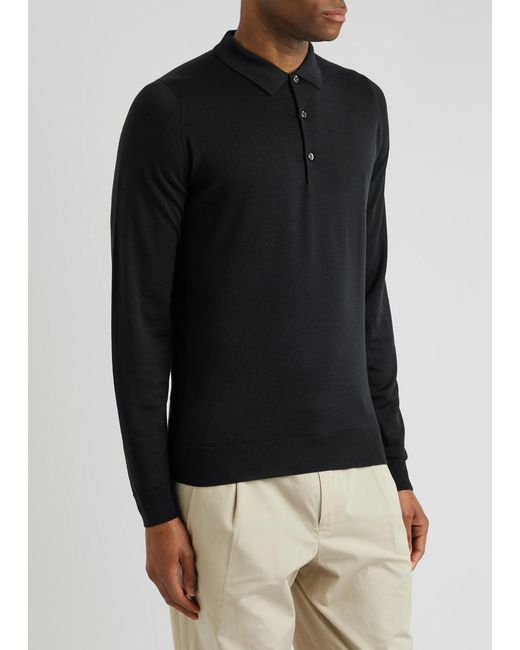 John Smedley Black Belper Merino Wool Polo Shirt for men