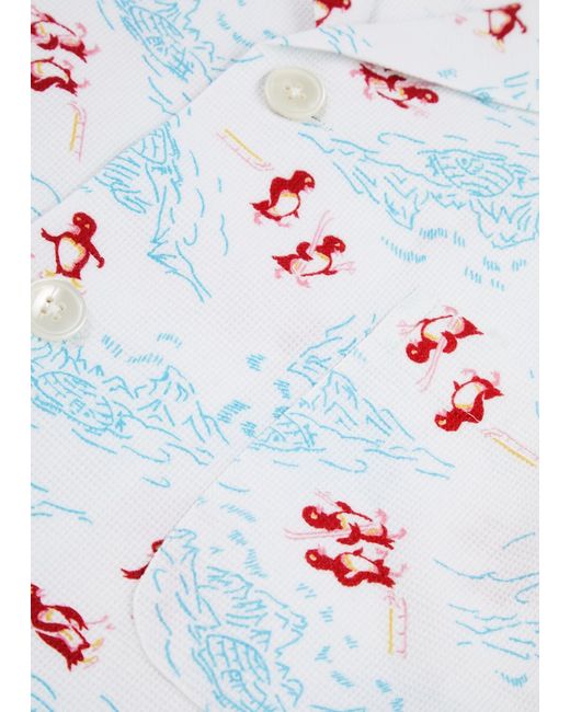 Bode White Skiing Penguins Waffle-knit Cotton Shirt for men