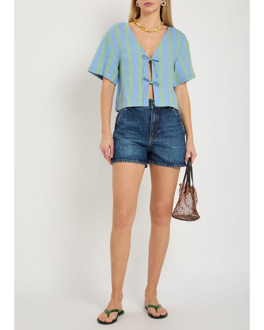 Staud Blue Ava Striped Tie-Front Linen Blouse