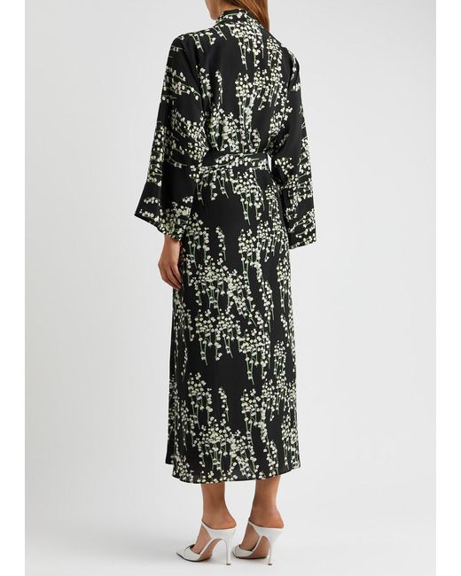 BERNADETTE Black Peignoir Floral-print Silk Wrap Dress