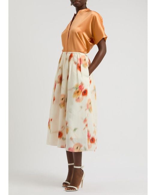 Vince Orange Floral-Print Midi Skirt