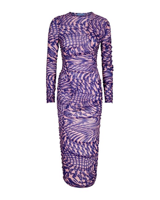 Mugler Star-print Ruched Tulle Midi Dress in Purple | Lyst
