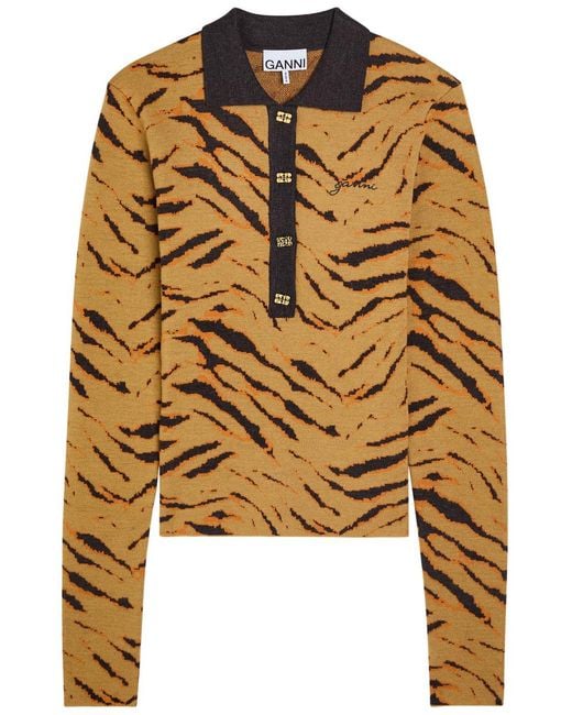Ganni Metallic Zebra-Print Polo Top