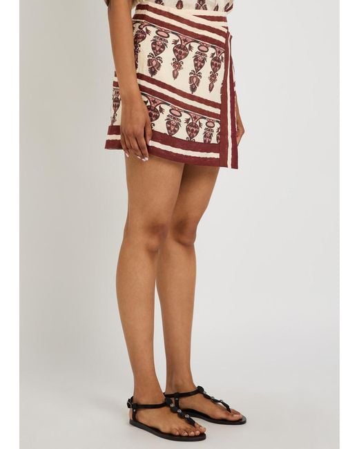 Johanna Ortiz Red Roots Printed Linen Mini Wrap Skirt