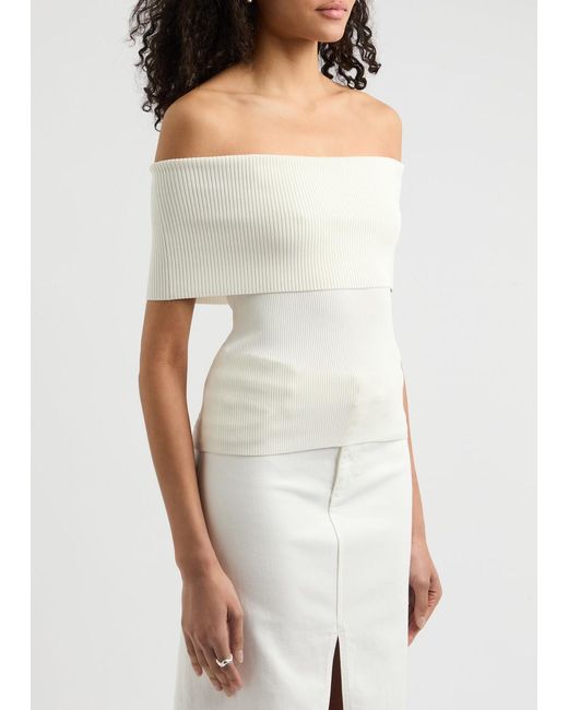 Alice + Olivia White Dolan Off-The-Shoulder Ribbed-Knit Top