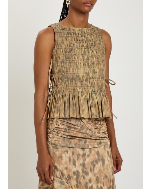Ganni Natural Leopard-Print Stretch-Cotton Poplin Top