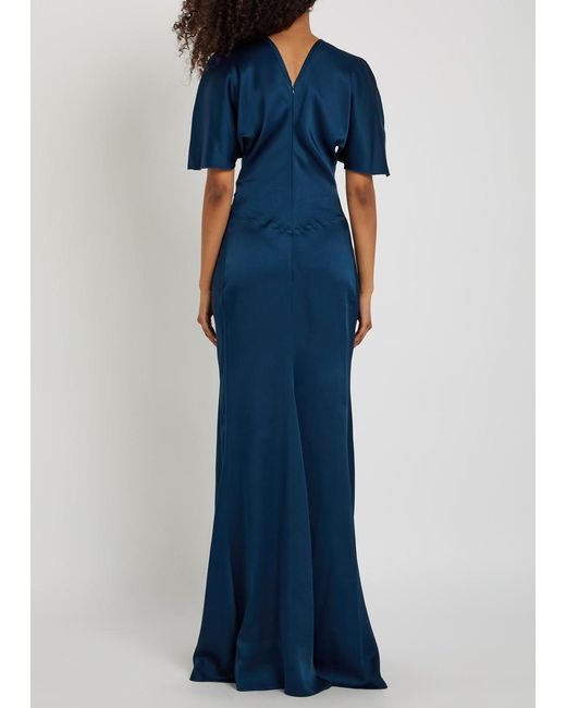 Victoria Beckham Blue Isabella Gathered Satin-Crepe Gown