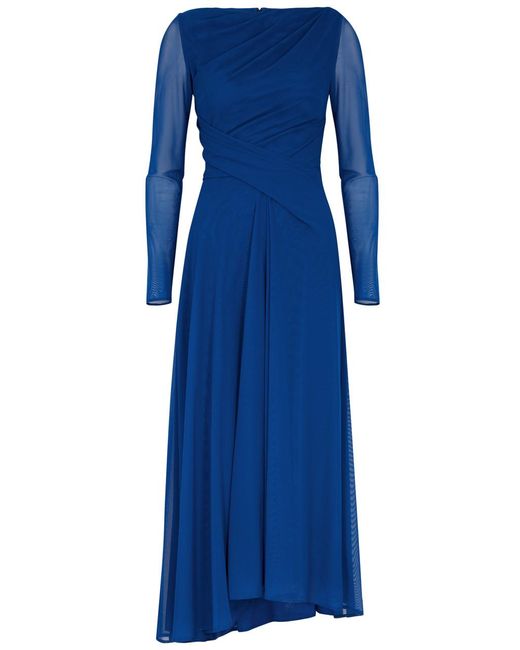 Talbot Runhof Blue Draped Stretch-tulle Midi Dress