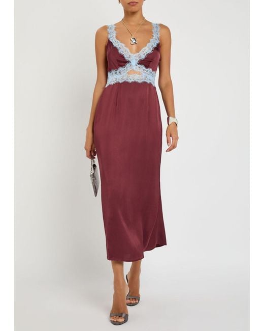Never Fully Dressed Red Mimi Lace-Trim Satin Midi Dress
