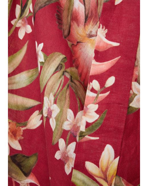 Zimmermann Red Lexi Floral-print Linen Wrap Dress