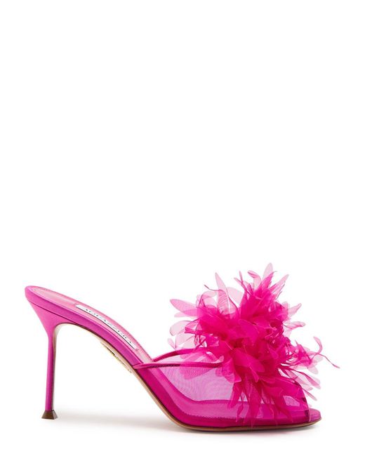 Aquazzura Pink Poeme 85 Appliquéd Mesh And Satin Peep-Toe Mules