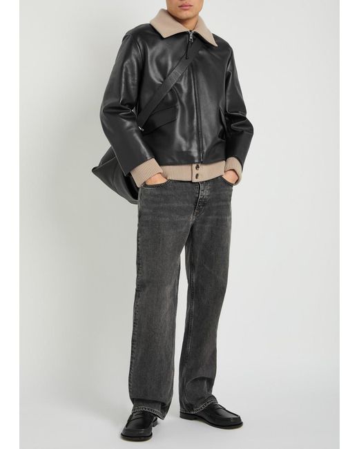 Loewe Black Layered Ribbed-Trim Leather Jacket for men