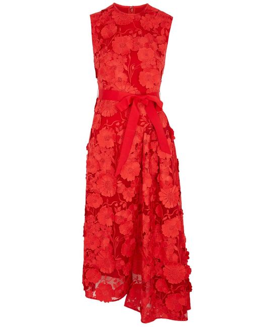 Huishan Zhang Red Aster Floral-appliqué Tulle Dress