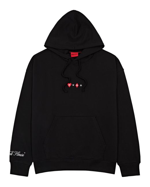 HUGO Black Deewax Embroidered Hooded Cotton Sweatshirt for men