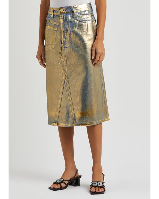 Ganni Natural Foil-print Denim Midi Skirt