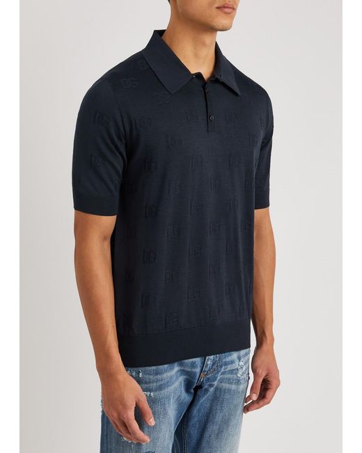 Dolce & Gabbana Blue Logo-jacquard Knitted Silk Polo Shirt for men