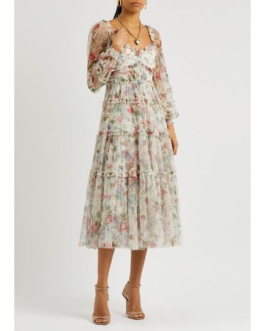 Needle & Thread Natural Floral Fantasy Printed Tulle Midi Dress