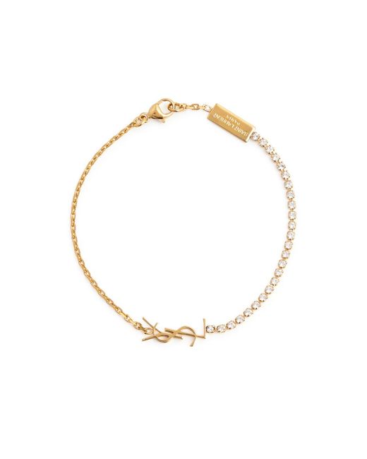 Saint Laurent White Cassandre Crystal-Embellished Logo Bracelet