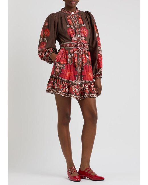 Farm Rio Red Gigi Floral-Print Cotton-Blend Mini Dress