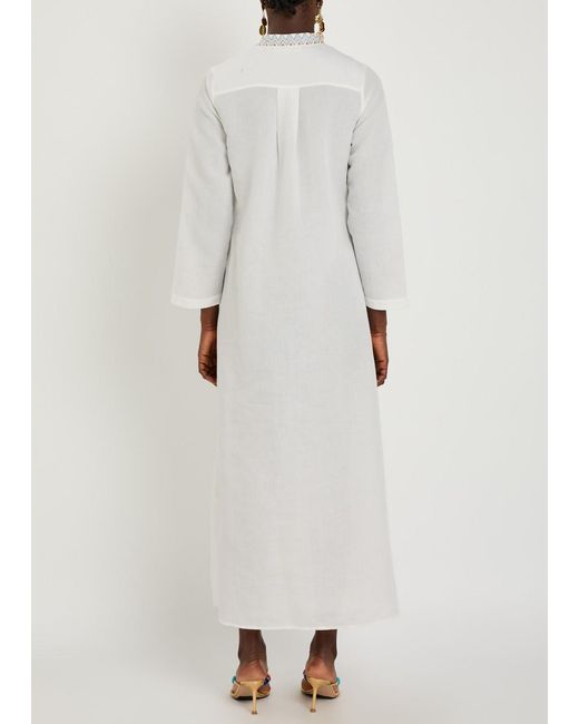 Emporio Sirenuse White Jenna Embroidered Linen-Blend Midi Kaftan Dress