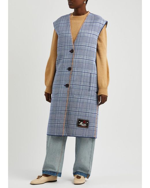 Marni Blue Reversible Checked Wool-Blend Gilet