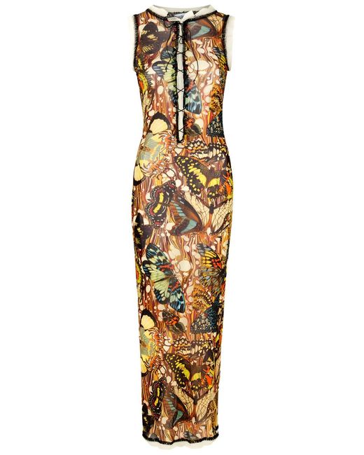 Jean Paul Gaultier Metallic Papillon Printed Lace-Up Tulle Maxi Dress