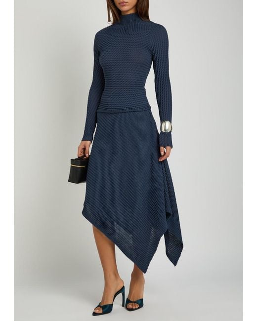 Victoria Beckham Blue Draped Seersucker Fine-Knit Midi Skirt