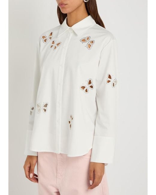 Alice + Olivia White Finely Embellished Cut-Out Woven Shirt