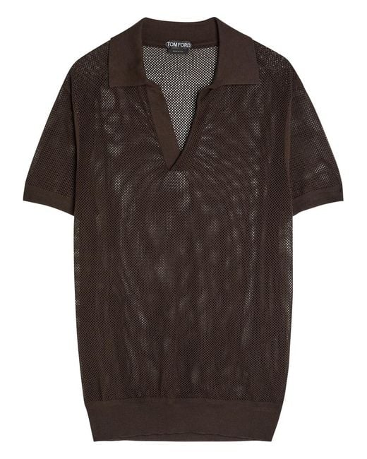 Tom Ford Brown Crochet-Knit Sheer Cotton And Silk-Blend Polo Shirt for men