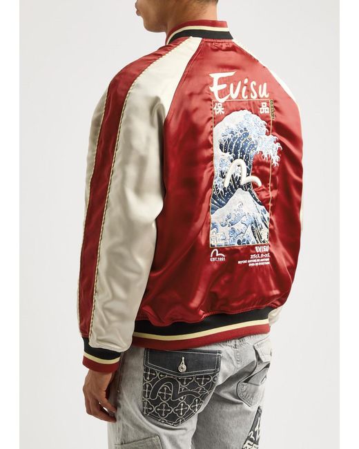 Evisu Red Seagull And The Great Wave Reversible Satin Varsity Jacket for men