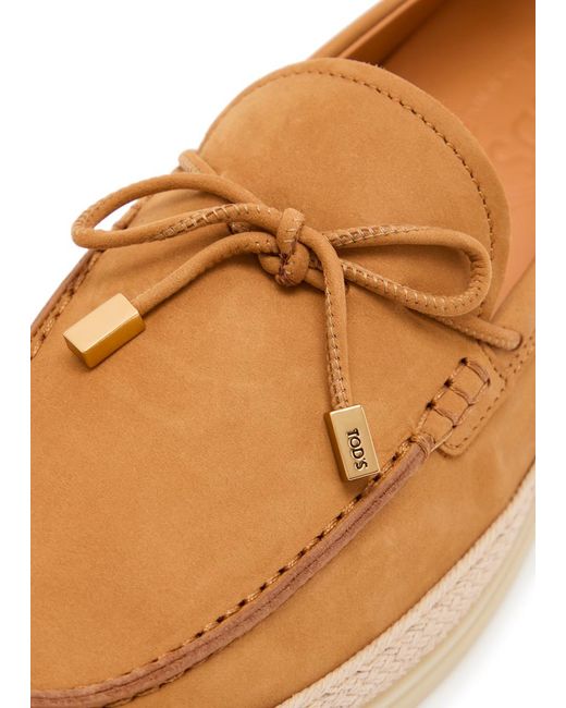 Tod's Brown Raffia-Trim Suede Loafers