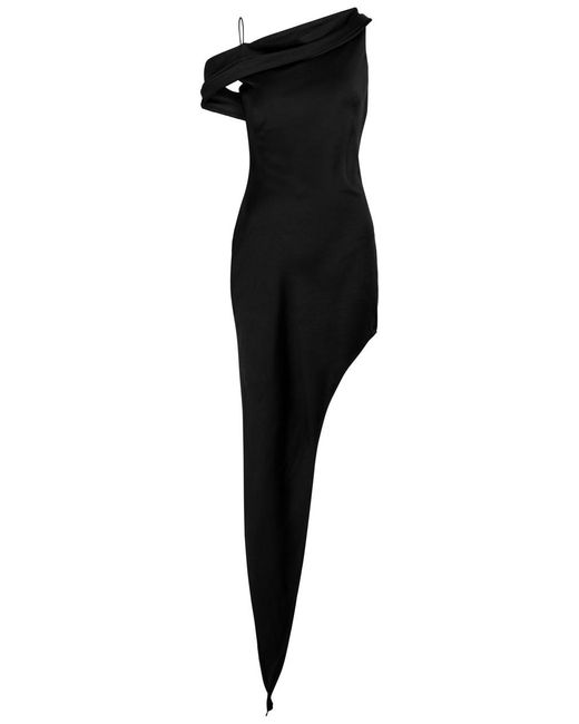De La Vali Black Chelsea Asymmetric Satin Maxi Dress